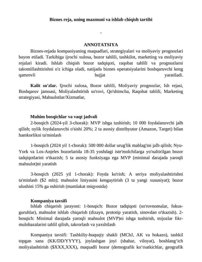 Biznes reja, uning mazmuni va ishlab chiqish tartibi