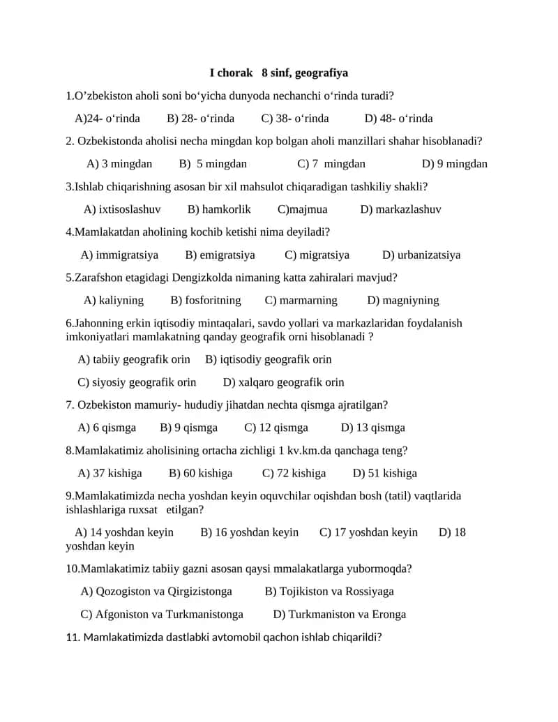 I chorak 8 sinf, geografiya
