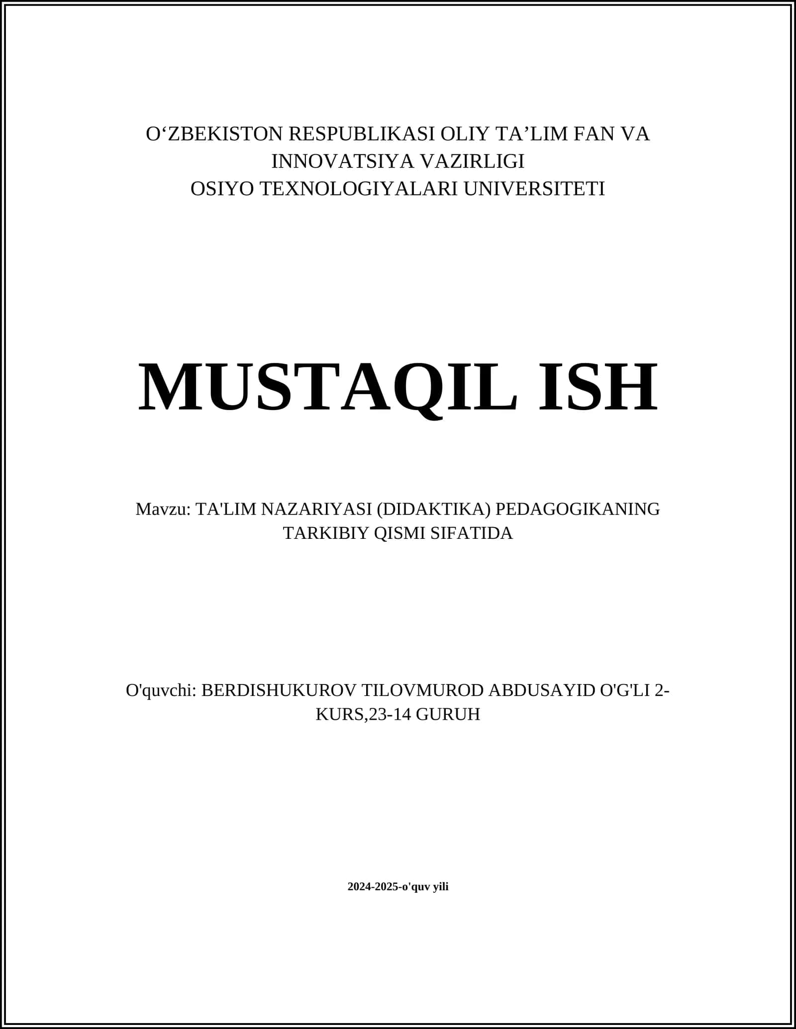 TA'LIM NAZARIYASI (DIDAKTIKA) PEDAGOGIKANING TARKIBIY QISMI SIFATIDA