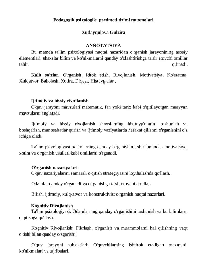 Pedagogik psixologik: predmeti tizimi muomolari