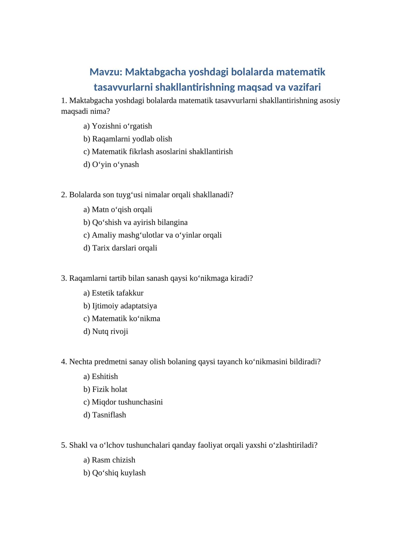 Maktabgacha yoshdagi bolalarda matematik tasavvurlarni shakllantirishning maqsad va vazifari