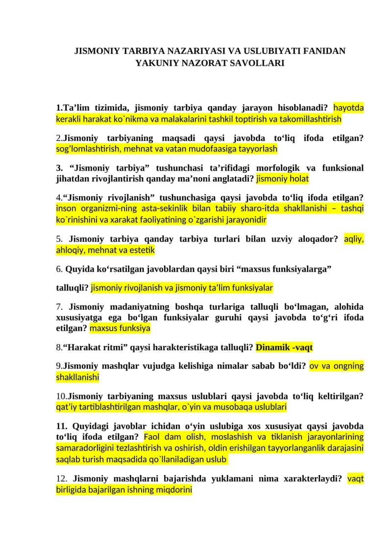 JISMONIY TARBIYA NAZARIYASI VA USLUBIYATI FANIDAN YAKUNIY NAZORAT SAVOLLARI