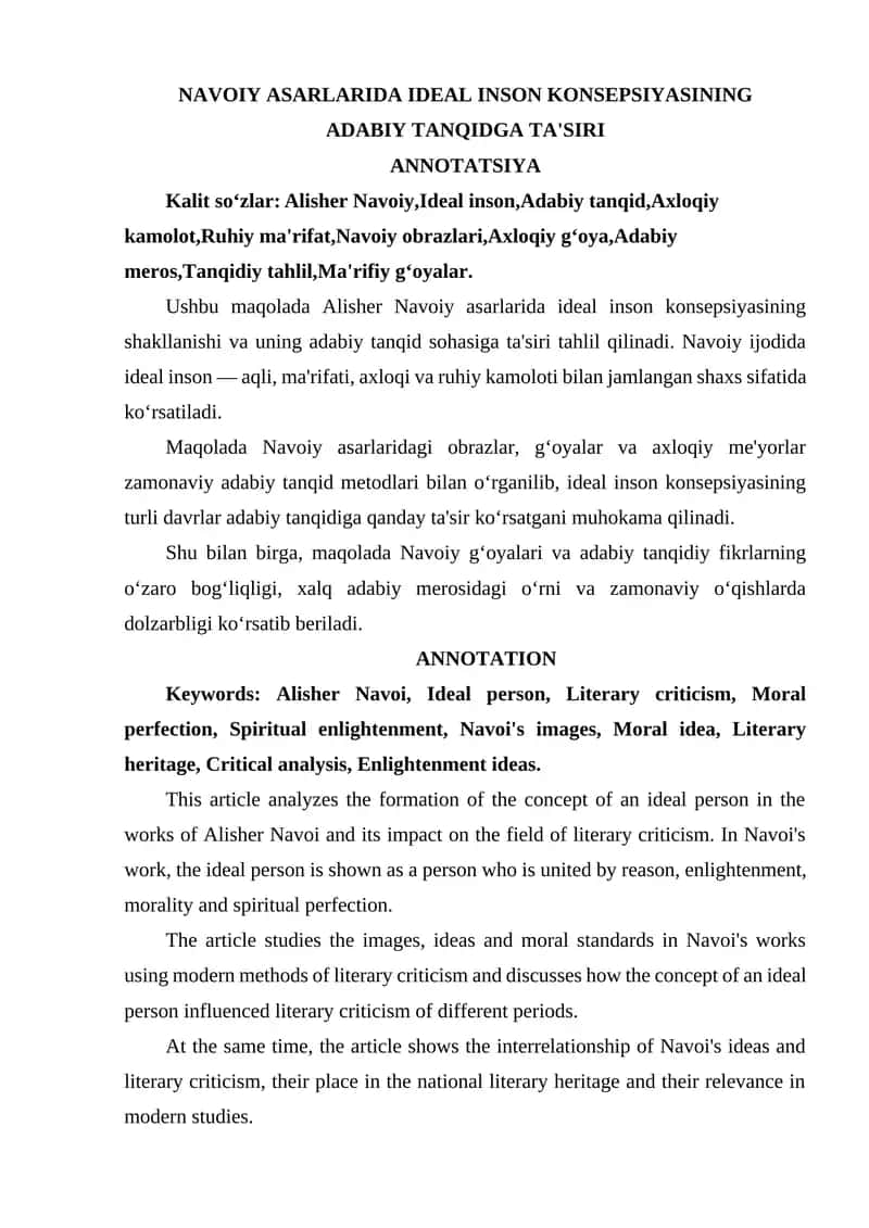 NAVOIY ASARLARIDA IDEAL INSON KONSEPSIYASINING ADABIY TANQIDGA TA'SIRI