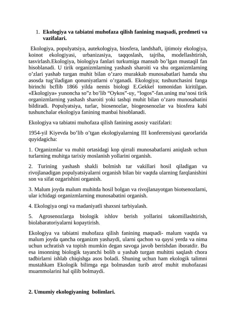 Ekologiya va tabiatni muhofaza qilish fanining asosiy vazifalari