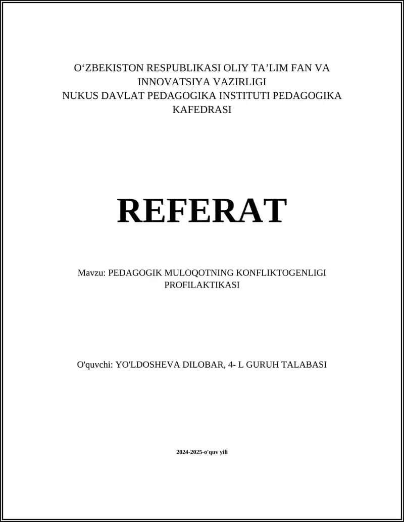 PEDAGOGIK MULOQOTNING KONFLIKTOGENLIGI PROFILAKTIKASI