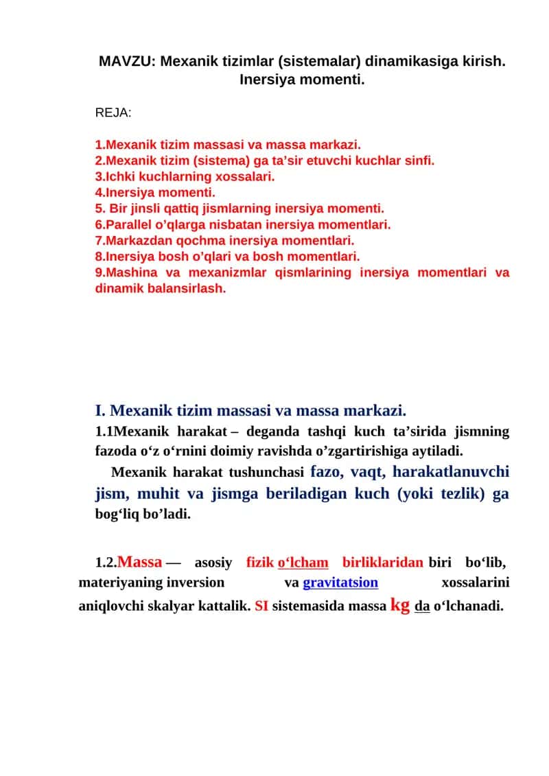 Mexanik tizimlar (sistemalar) dinamikasiga kirish. Inersiya momenti.