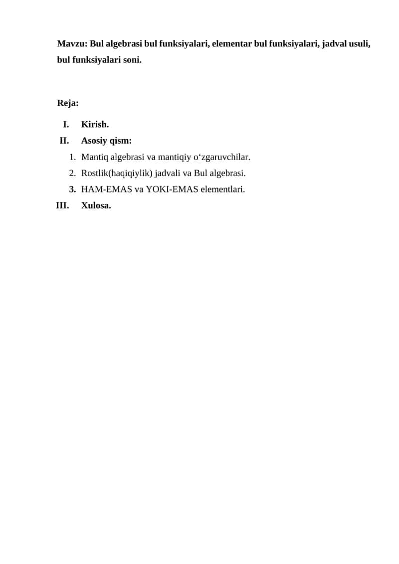 Mantiq algebrasi va mantiqiy o‘zgaruvchilar