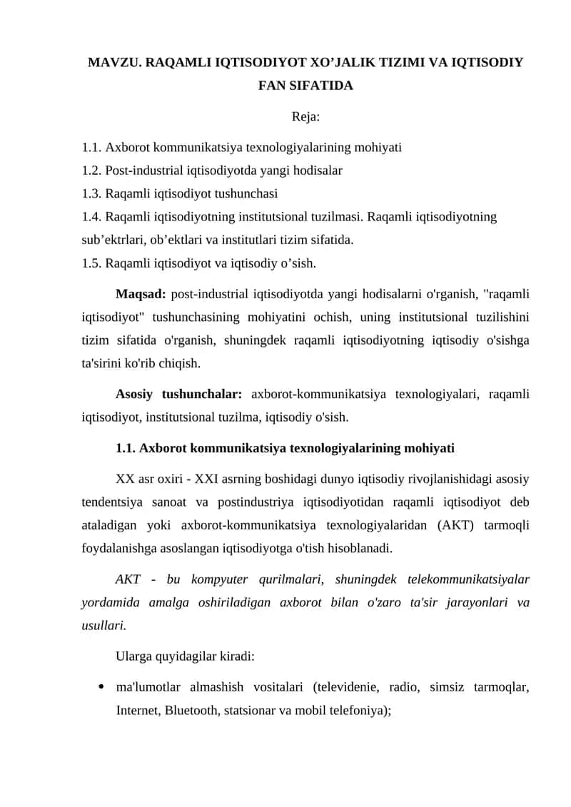RAQAMLI IQTISODIYOT XO’JALIK TIZIMI VA IQTISODIY FAN SIFATIDA