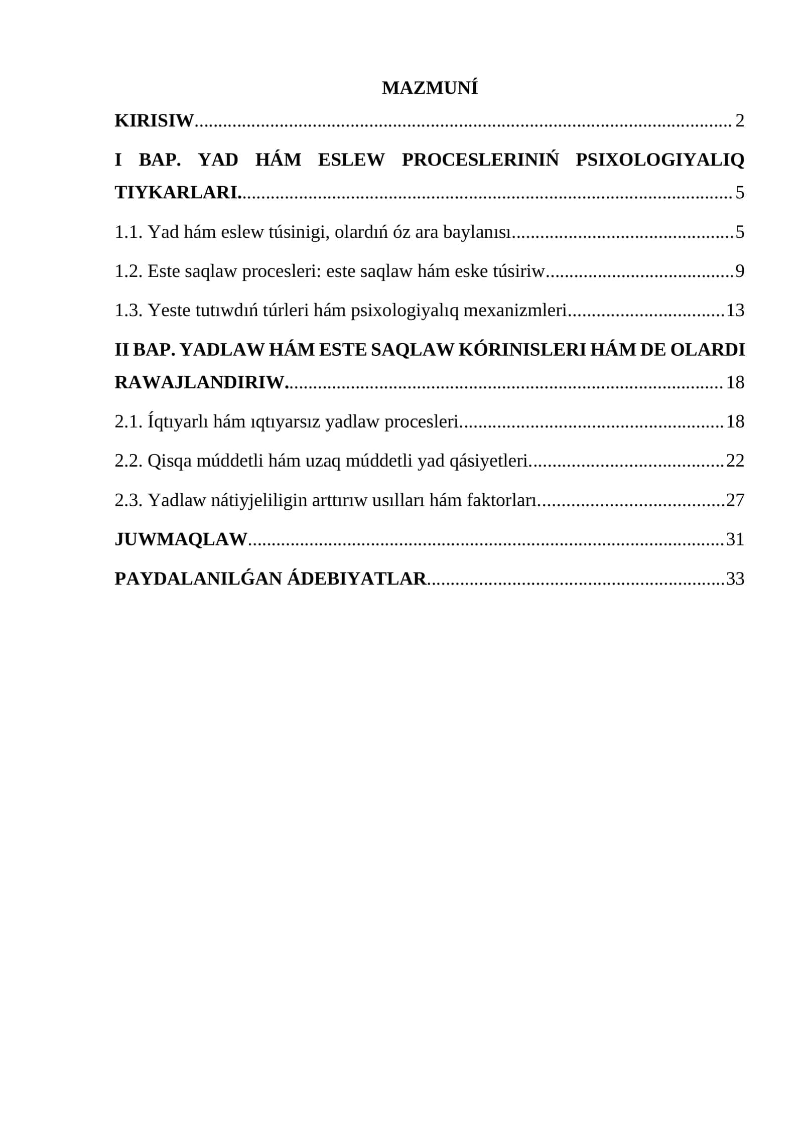 YAD HÁM ESLEW PROCESLERINIŃ PSIXOLOGIYALIQ TIYKARLARI