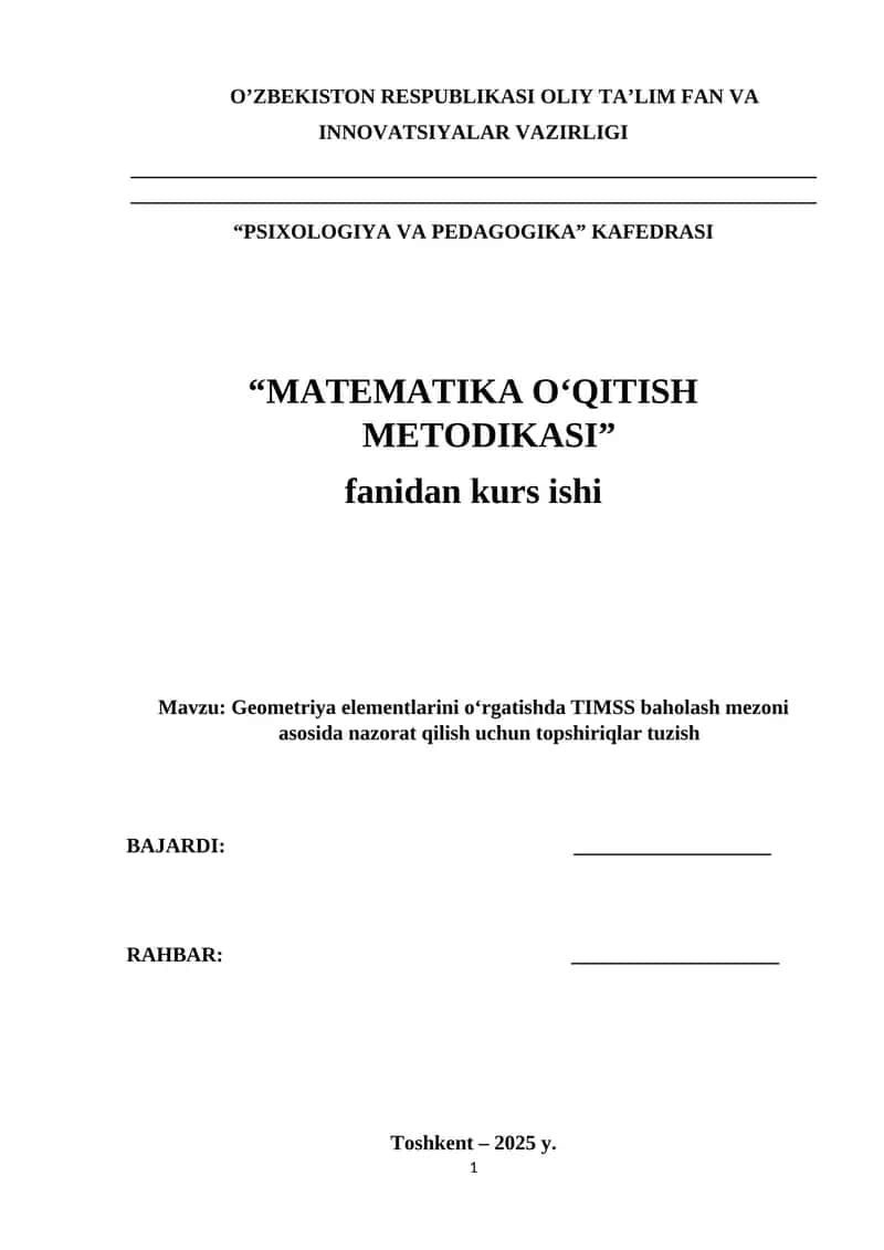 Geometriya elementlarini oʻrgatishda TIMSS baholash mezoni asosida nazorat qilish uchun topshiriqlar tuzish