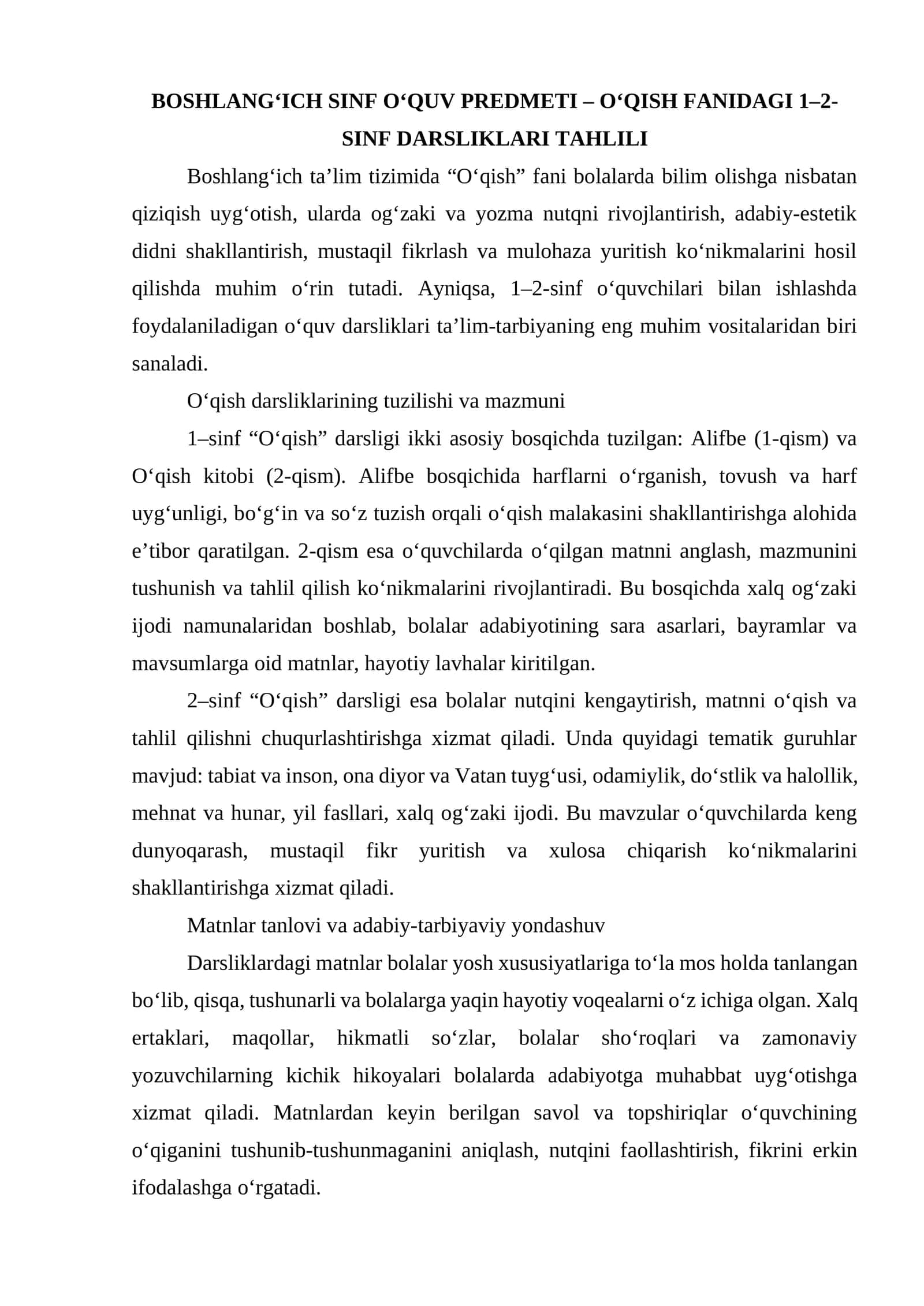 O‘QISH FANIDAGI 1–2-SINF DARSLIKLARI TAHLILI
