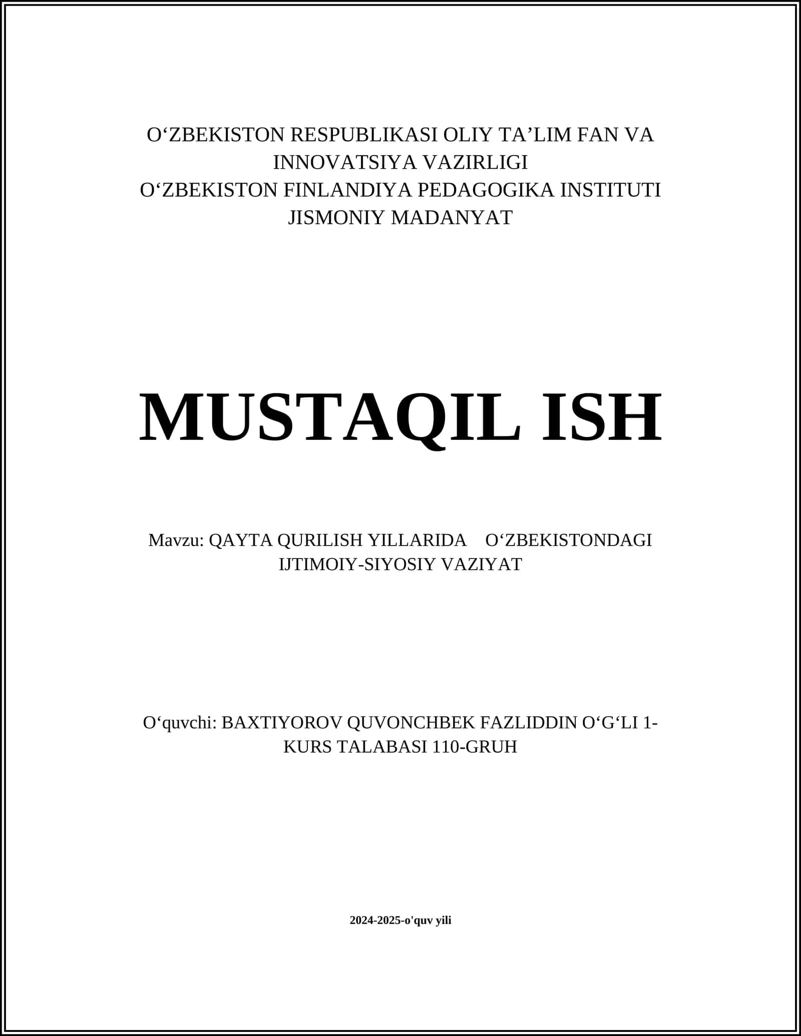 QAYTA QURILISH YILLARIDA OʻZBEKISTONDAGI IJTIMOIY-SIYOSIY VAZIYAT