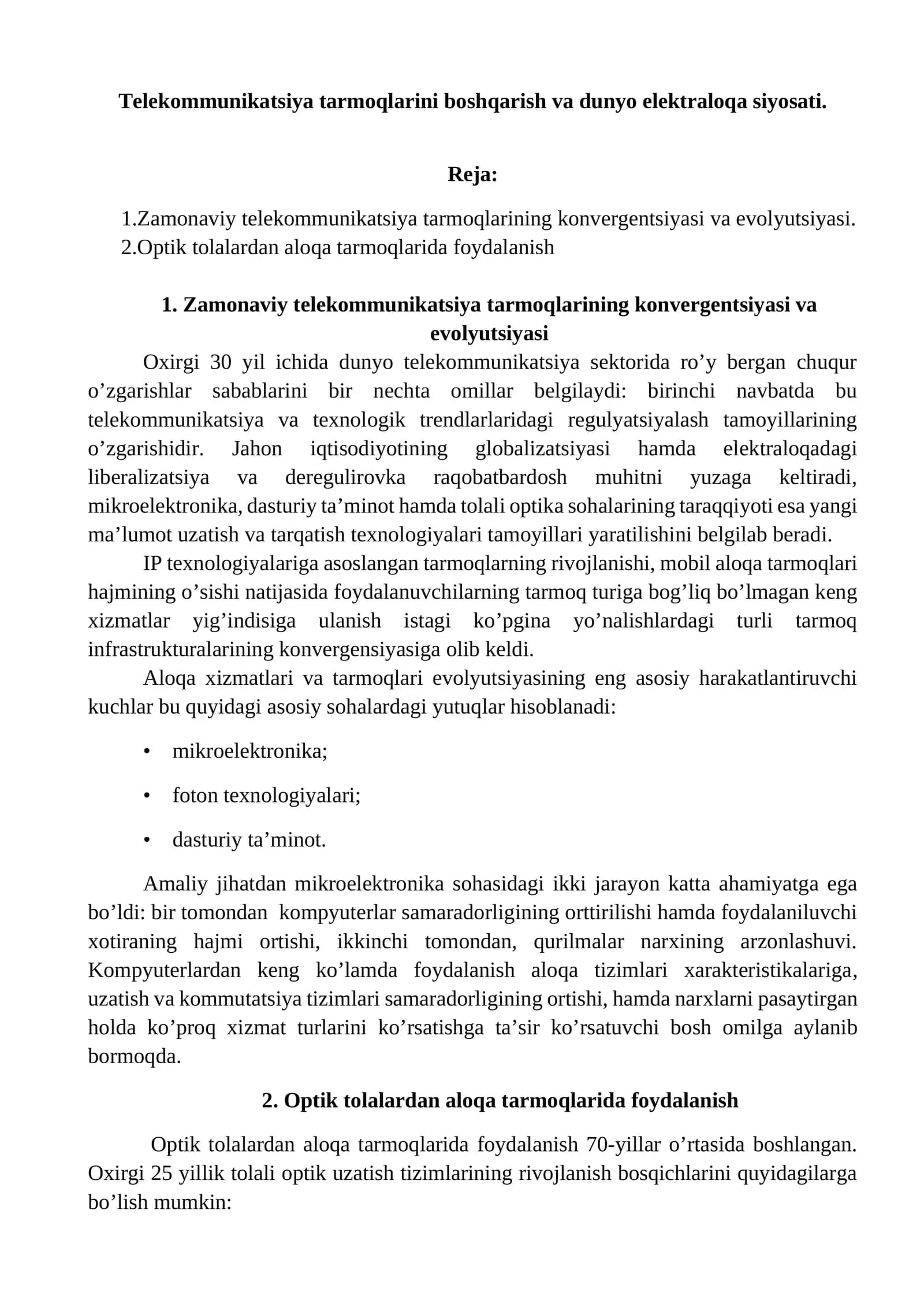 Zamonaviy telekommunikatsiya tarmoqlarining konvergentsiyasi va evolyutsiyasi