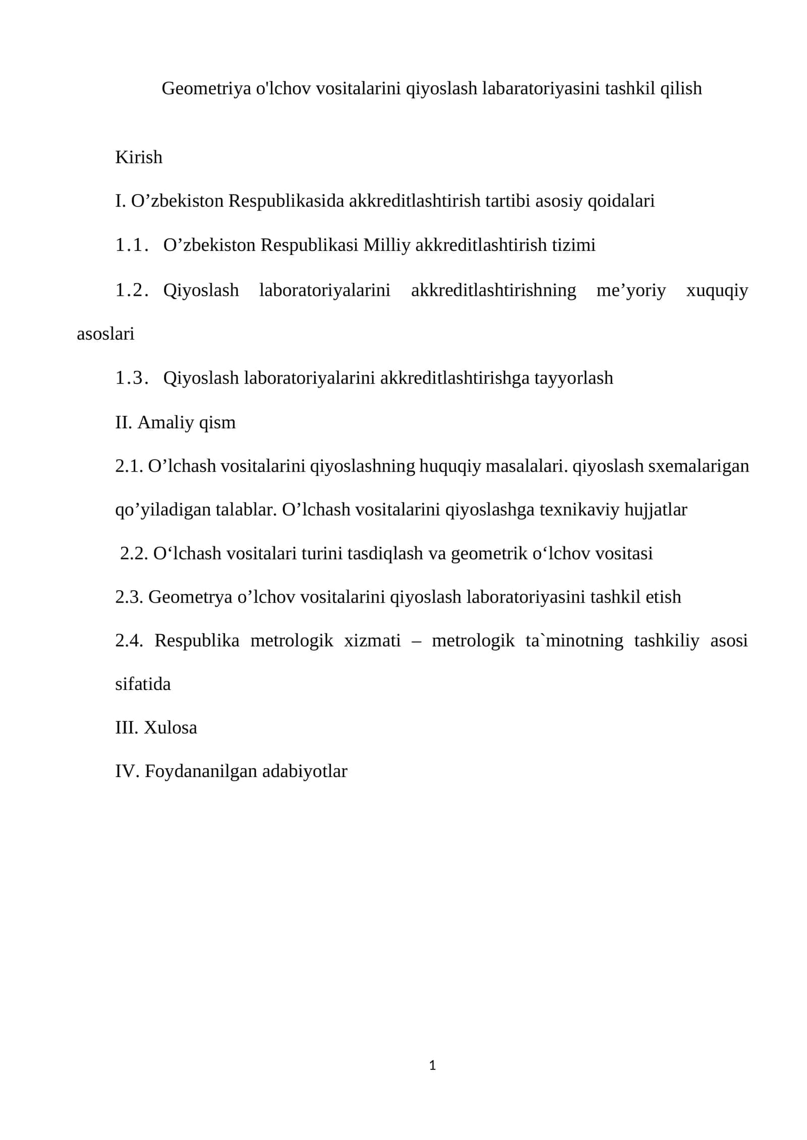 Geometriya o'lchov vositalarini qiyoslash labaratoriyasini tashkil qilish