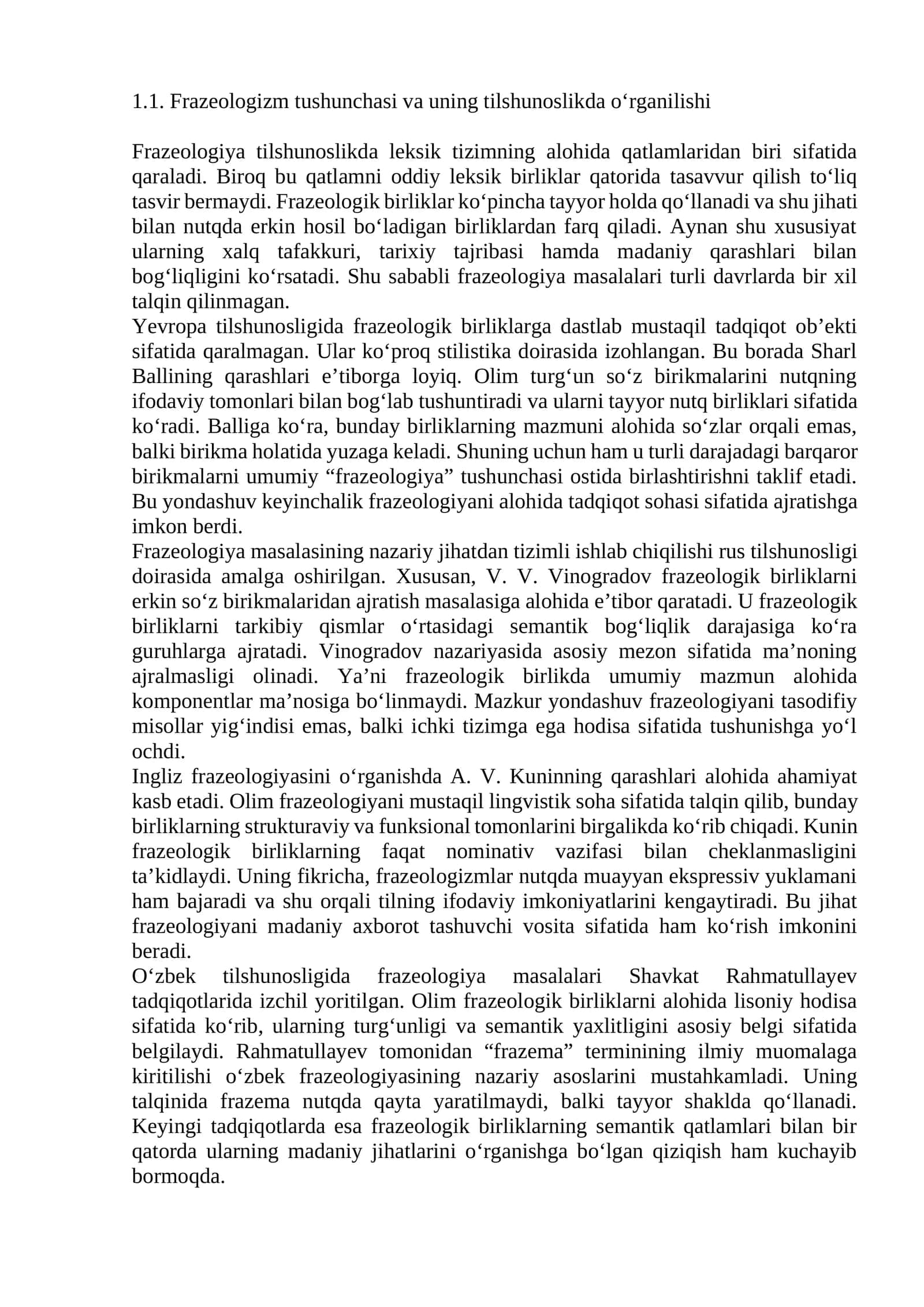 Frazeologizm tushunchasi va uning tilshunoslikda o‘rganilishi