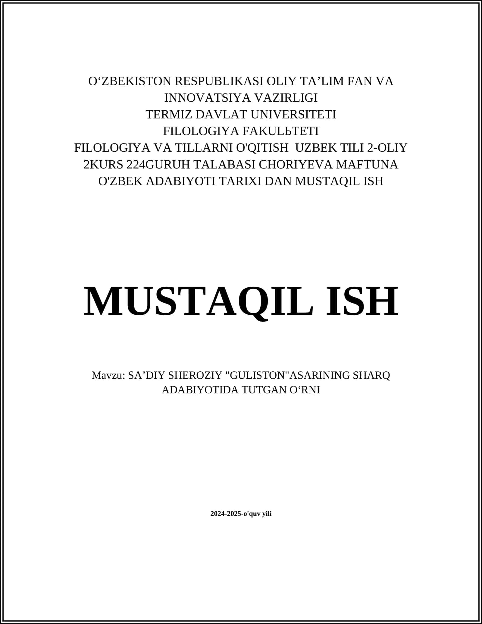 SAʼDIY SHEROZIY "GULISTON" ASARINING SHARQ ADABIYOTIDA TUTGAN OʻRNI
