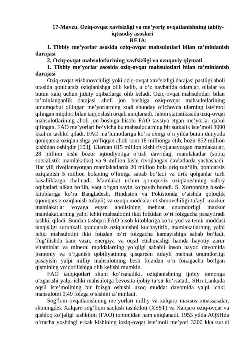 Oziq-ovqat xavfsizligi va me’yoriy ovqatlanishning tabiiy-iqtisodiy asoslari