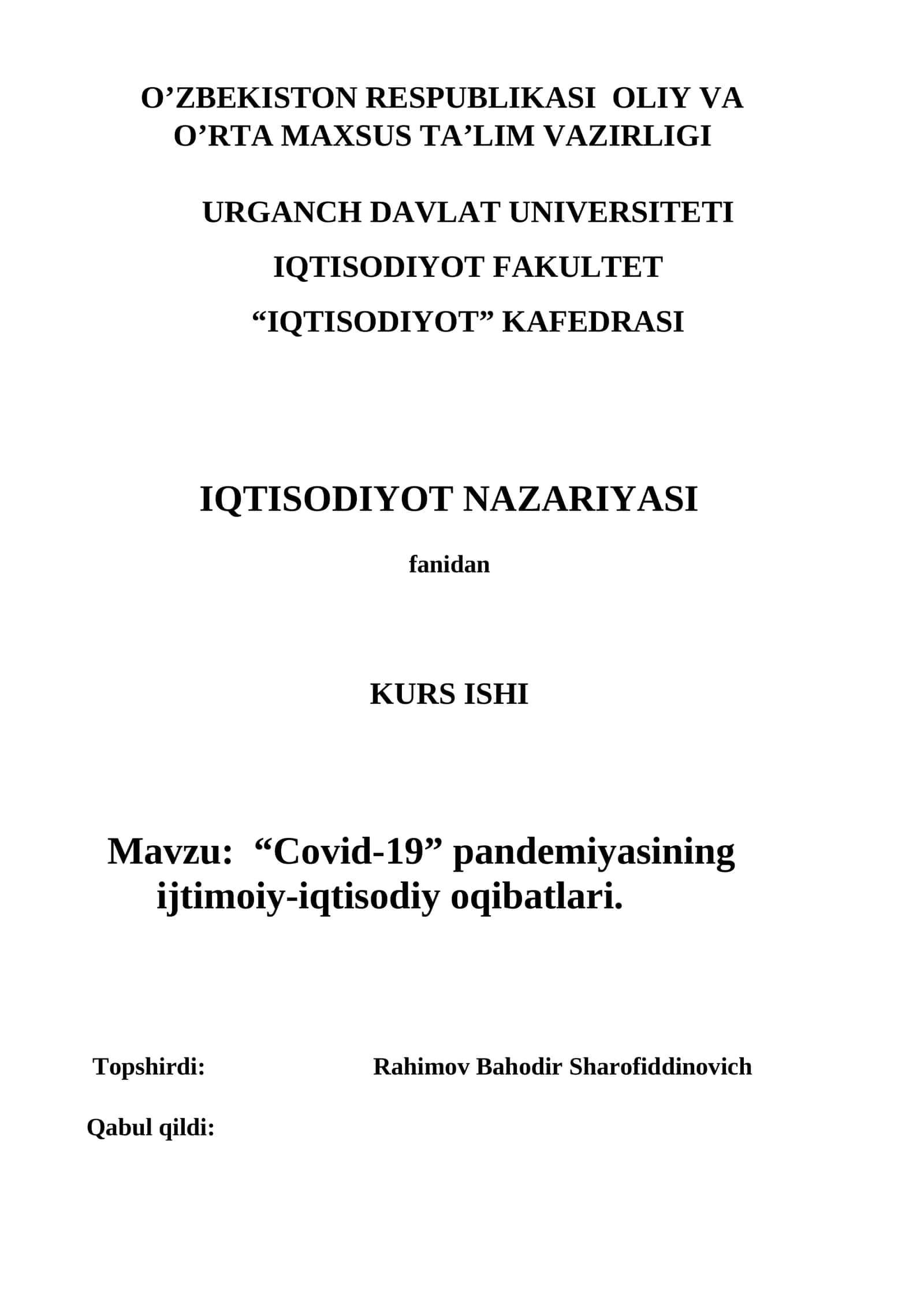 “Covid-19” pandemiyasining ijtimoiy-iqtisodiy oqibatlari