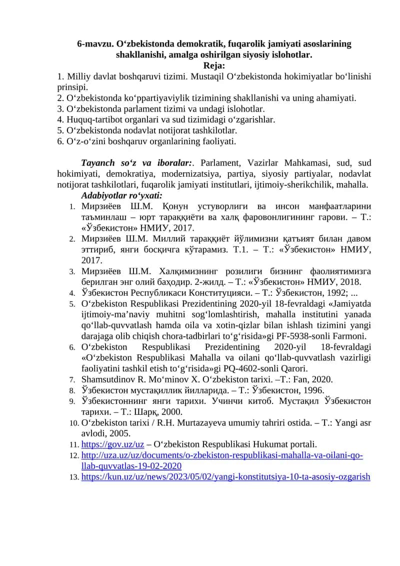 O‘zbekistonda demokratik, fuqarolik jamiyati asoslarining shakllanishi, amalga oshirilgan siyosiy islohotlar