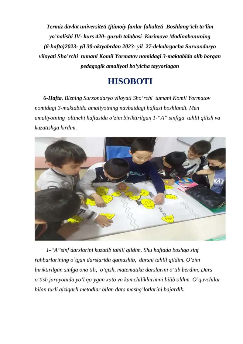 Amaliyotning Navbatdagi Haftasi Hisoboti