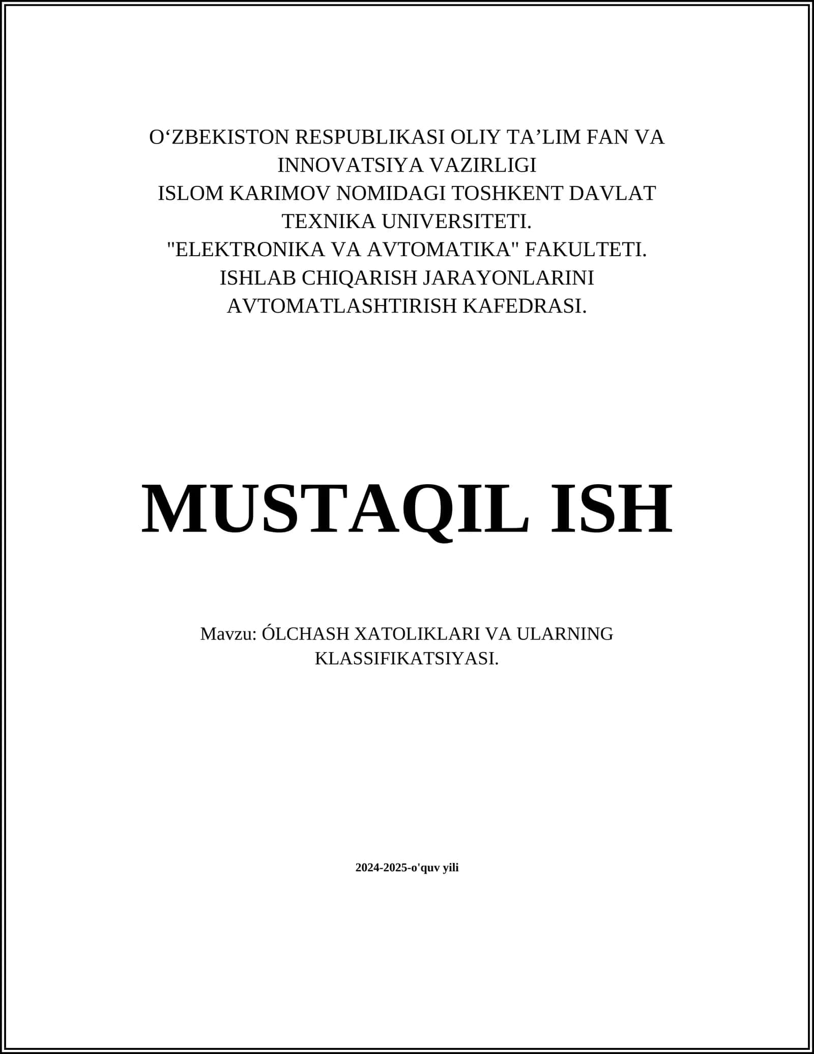 ÓLCHASH XATOLIKLARI VA ULARNING KLASSIFIKATSIYASI