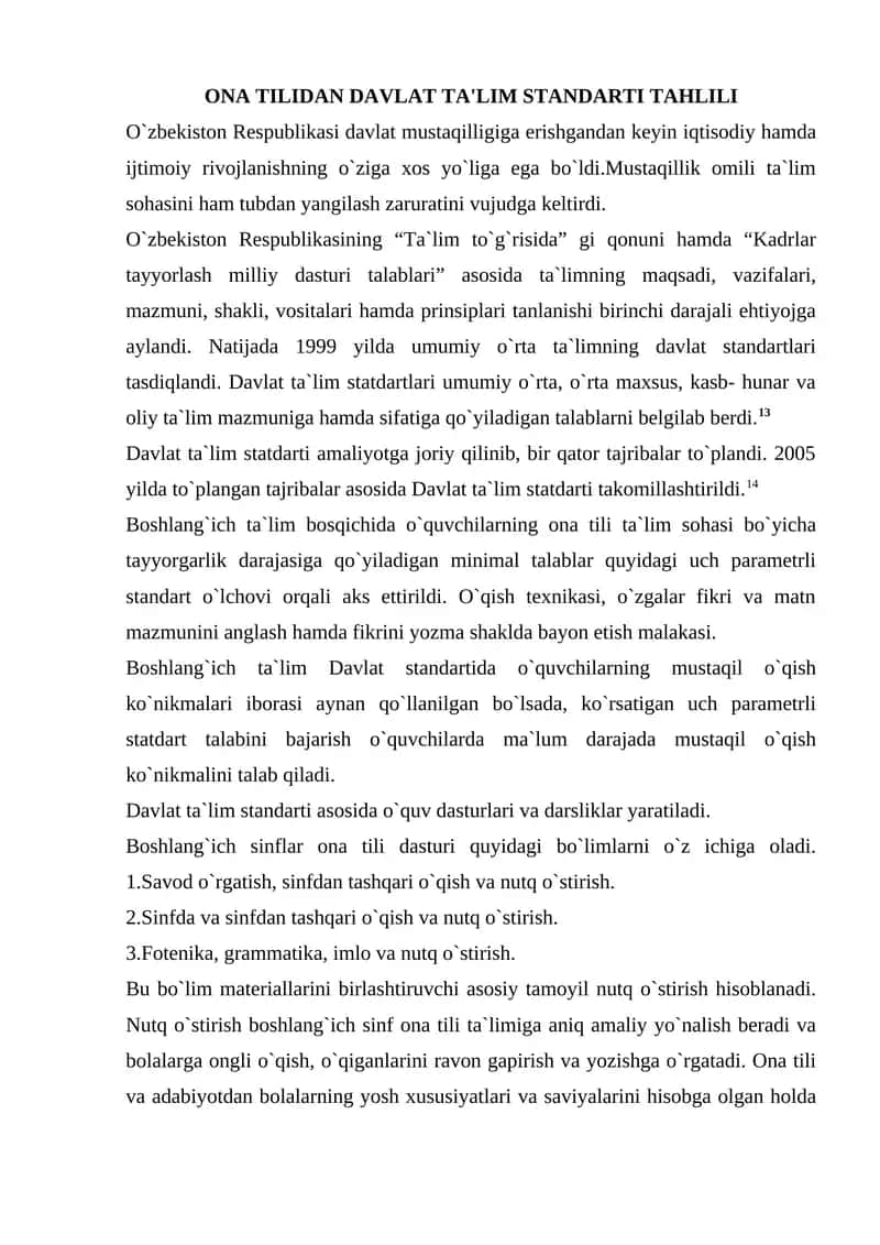 ONA TILIDAN DAVLAT TA'LIM STANDARTI TAHLILI