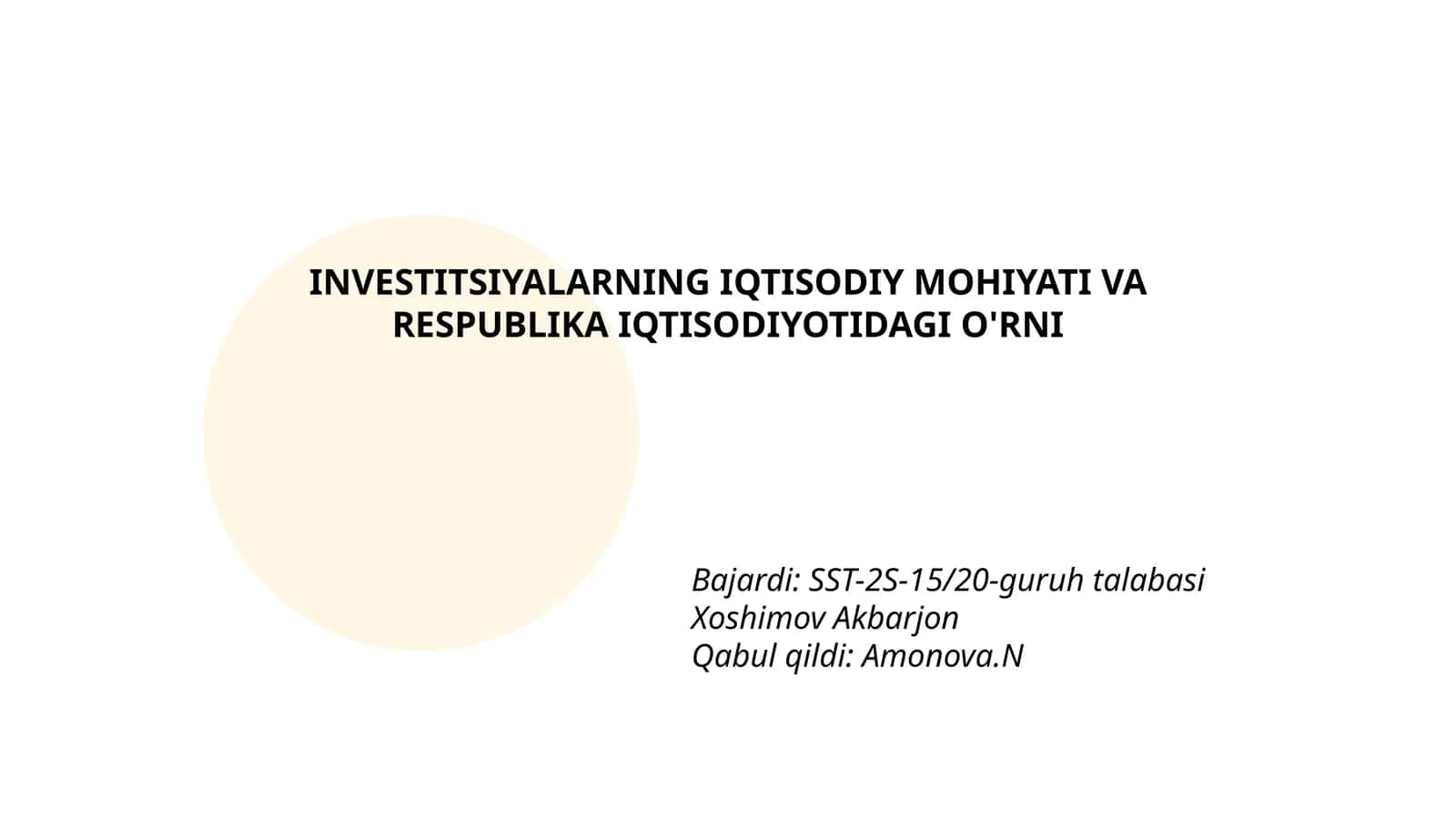INVESTITSIYALARNING IQTISODIY MOHIYATI VA RESPUBLIKA IQTISODIYOTIDAGI O'RNI