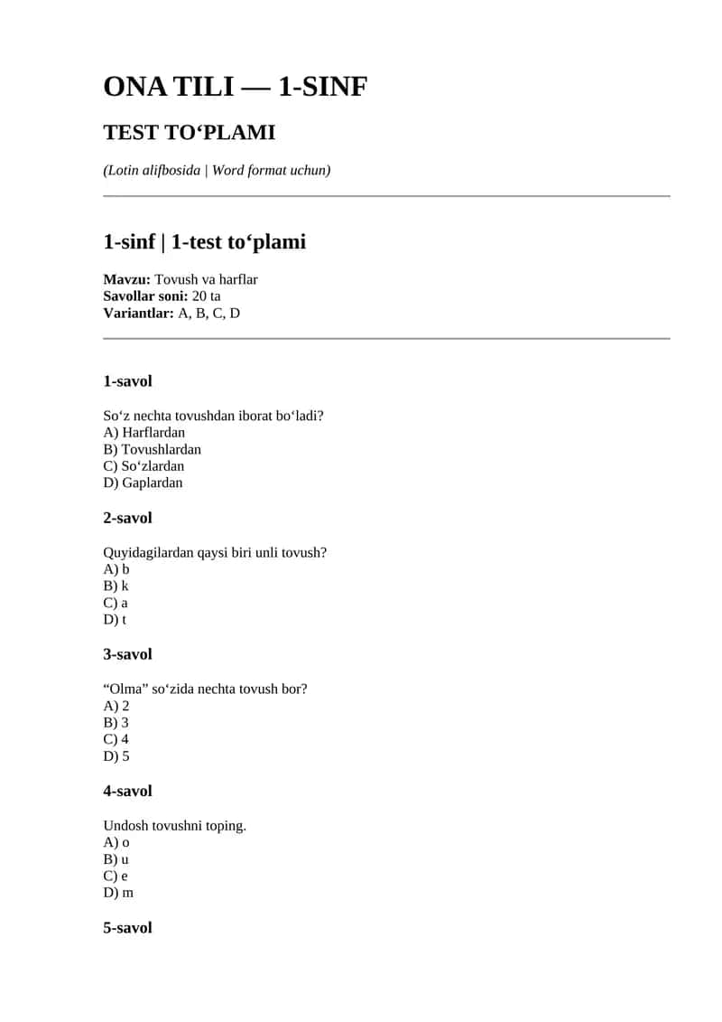 ONA TILI — 1-SINF TEST TO‘PLAMI