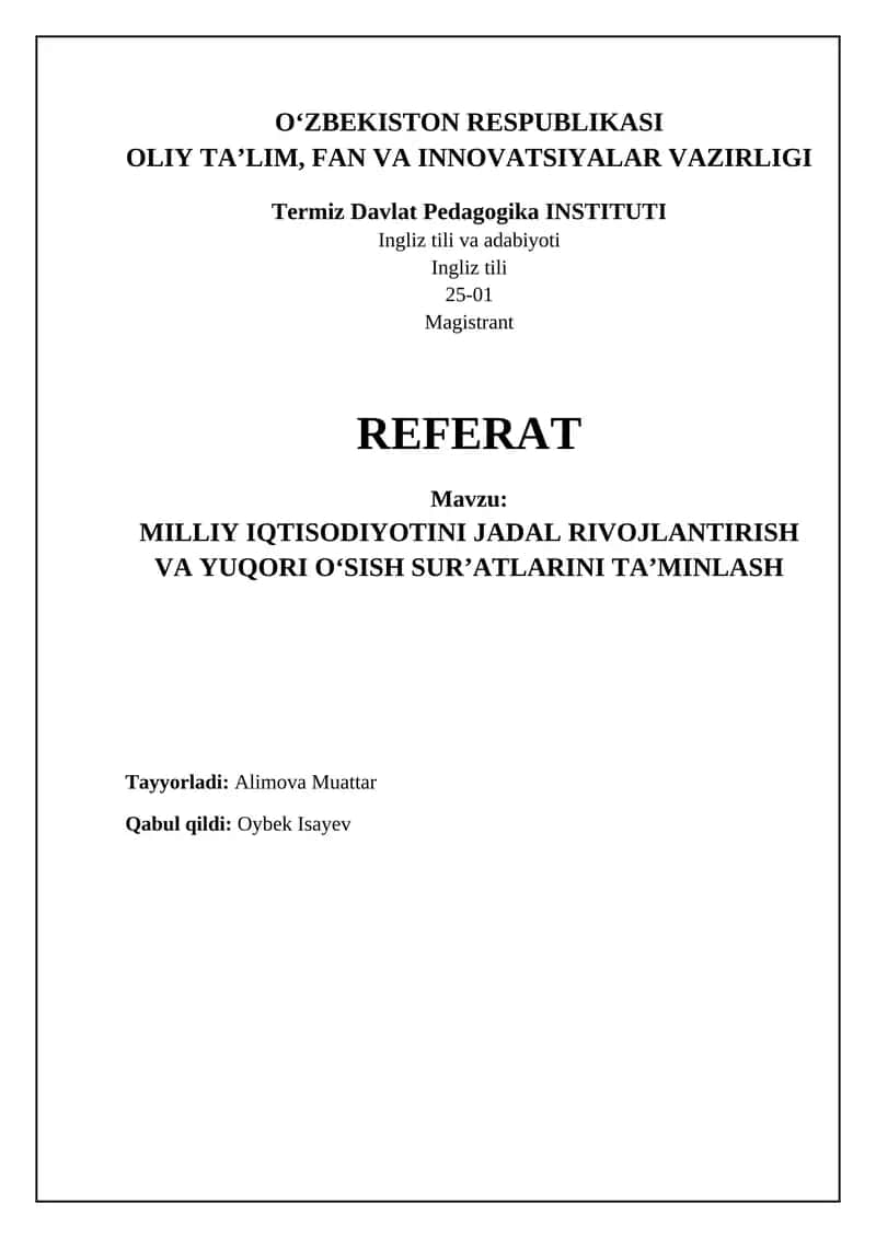 MILLIY IQTISODIYOTINI JADAL RIVOJLANTIRISH VA YUQORI O‘SISH SUR’ATLARINI TA’MINLASH