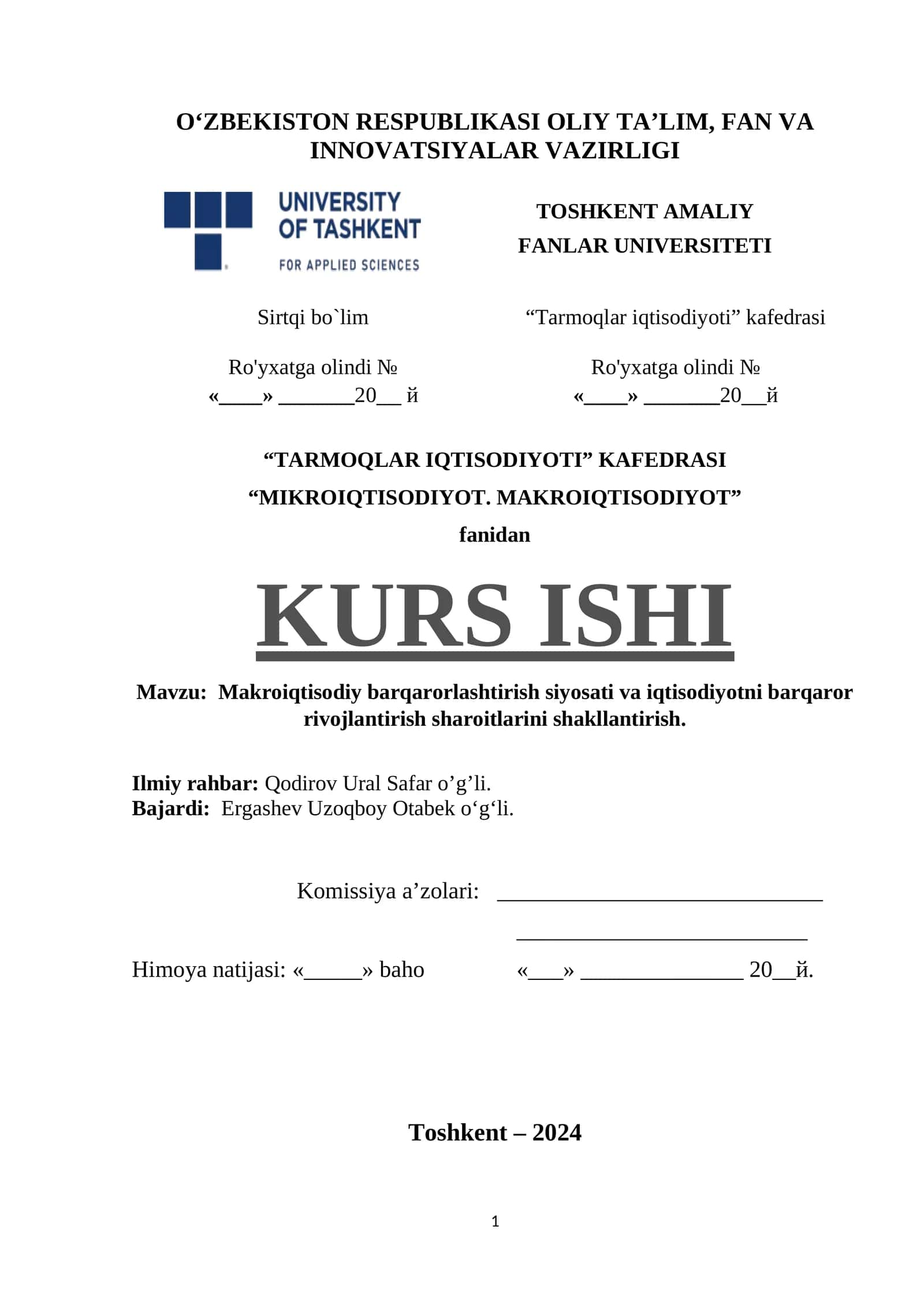 “MIKROIQTISODIYOT. MAKROIQTISODIYOT” fanidan KURS ISHI