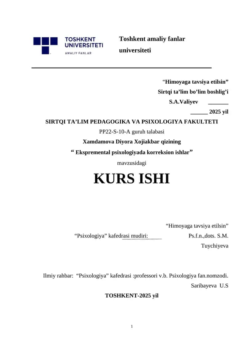 Ekspremental psixologiyada korreksion ishlar