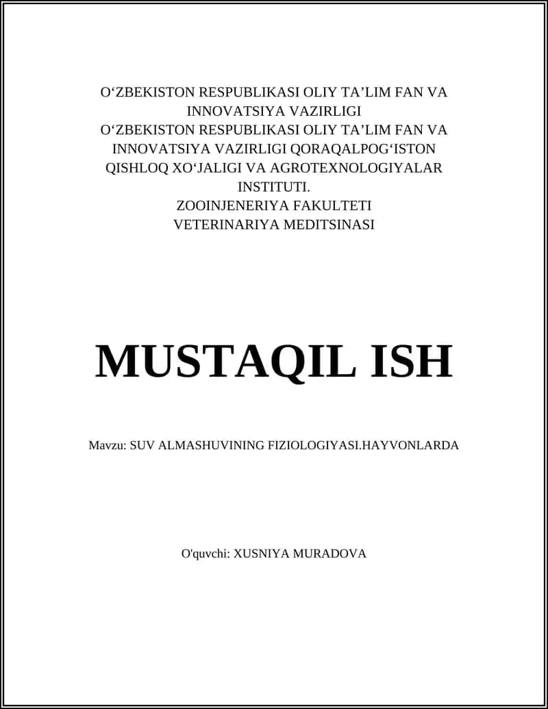 SUV ALMASHUVINING FIZIOLOGIYASI.HAYVONLARDA