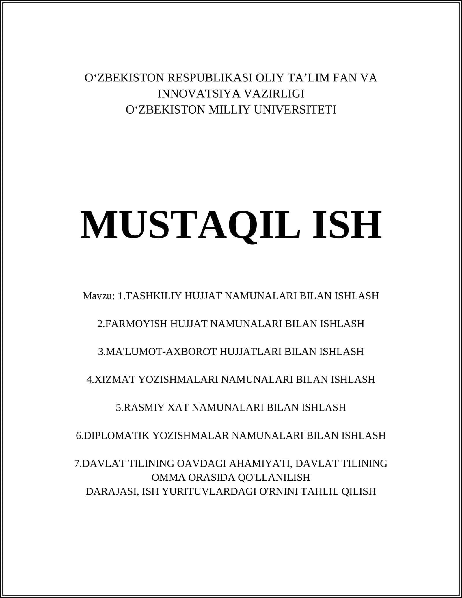 TASHKILIY HUJJAT NAMUNALARI BILAN ISHLASH