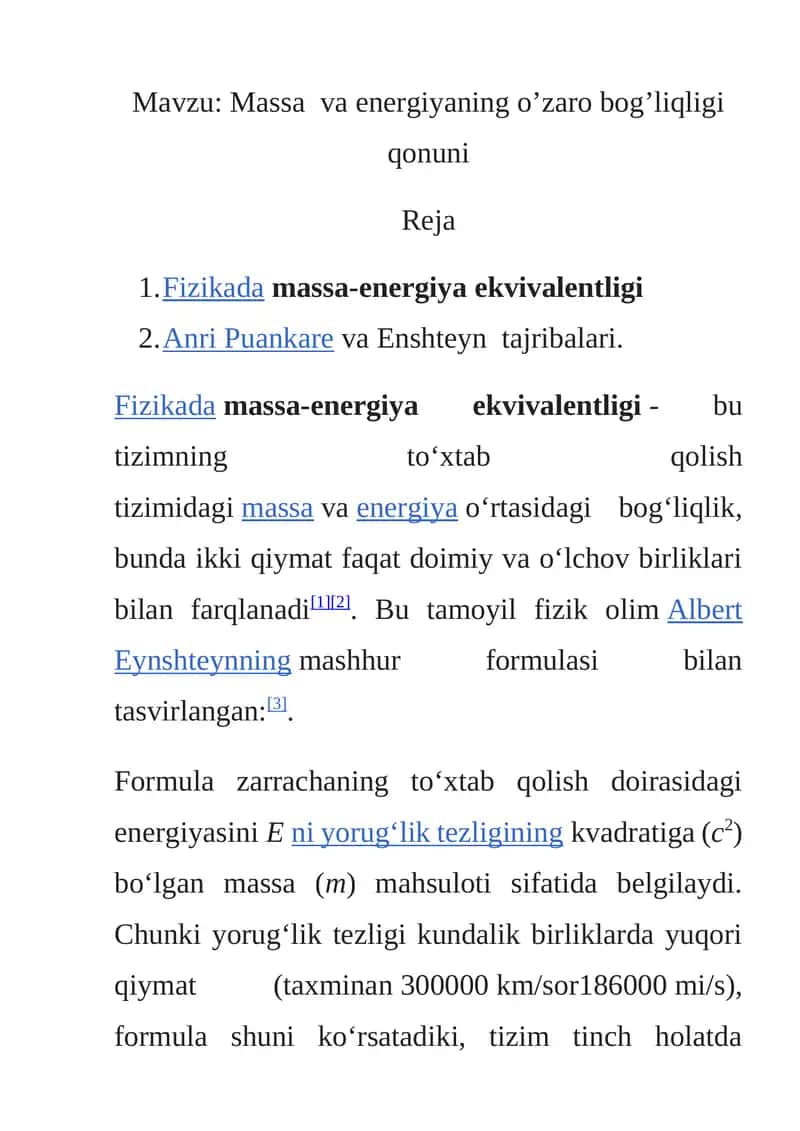 Massa va energiyaning o’zaro bog’liqligi qonuni