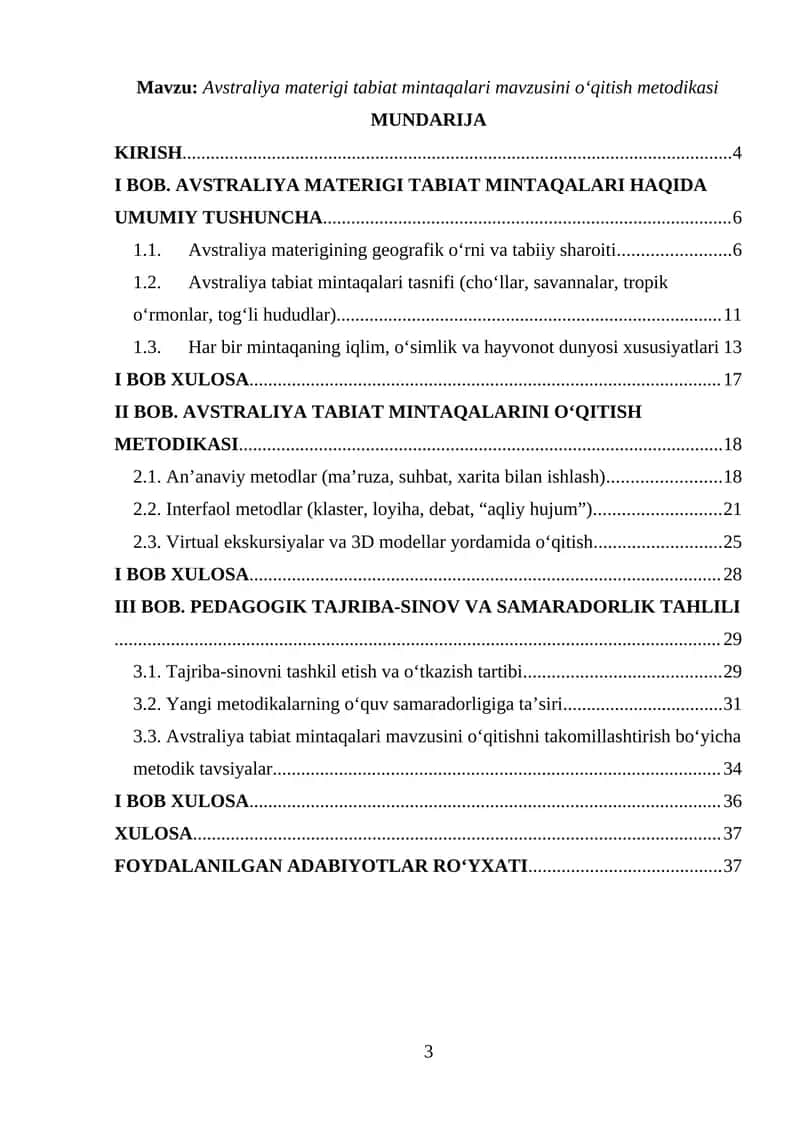 Avstraliya materigi tabiat mintaqalari mavzusini o‘qitish metodikasi