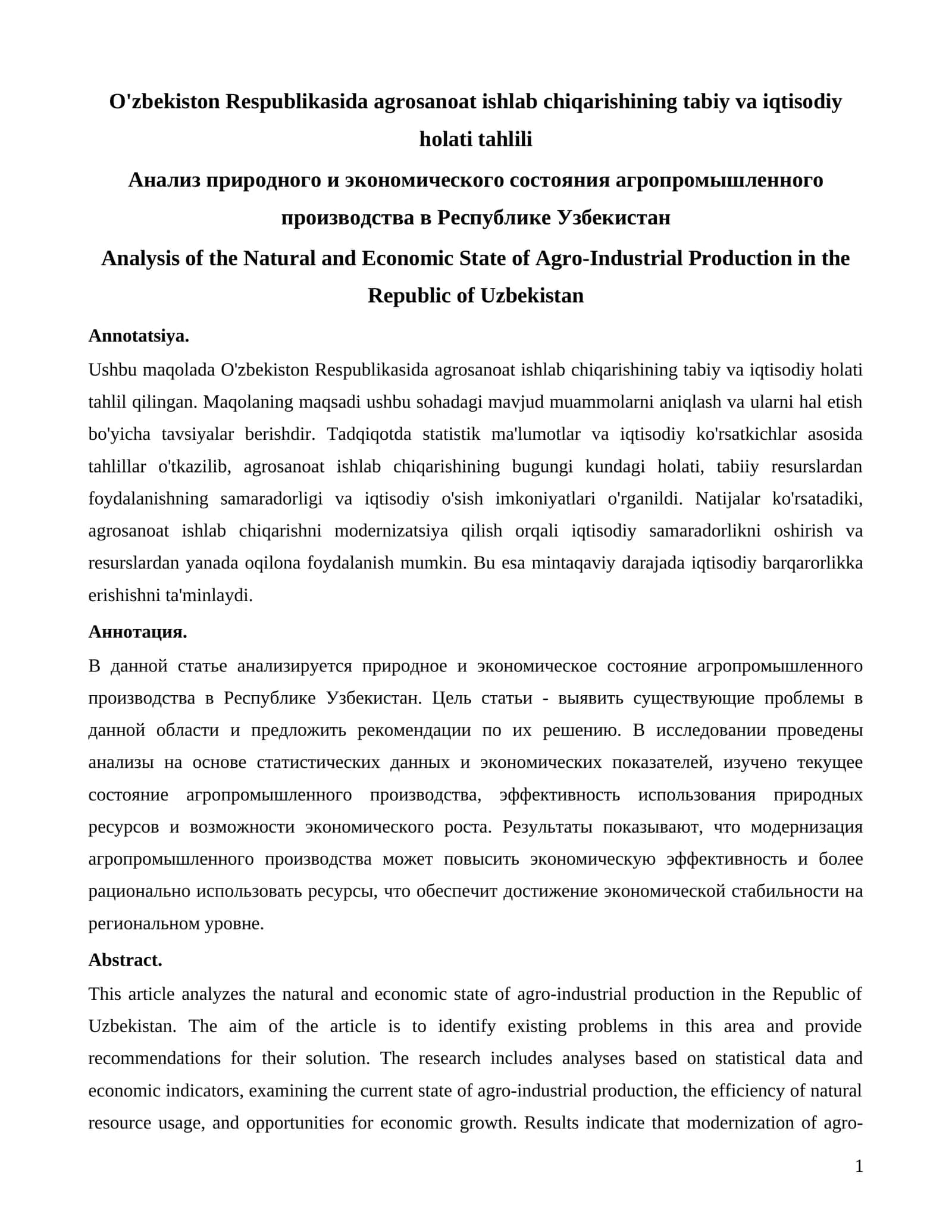 O'zbekiston Respublikasida agrosanoat ishlab chiqarishining tabiy va iqtisodiy holati tahlili