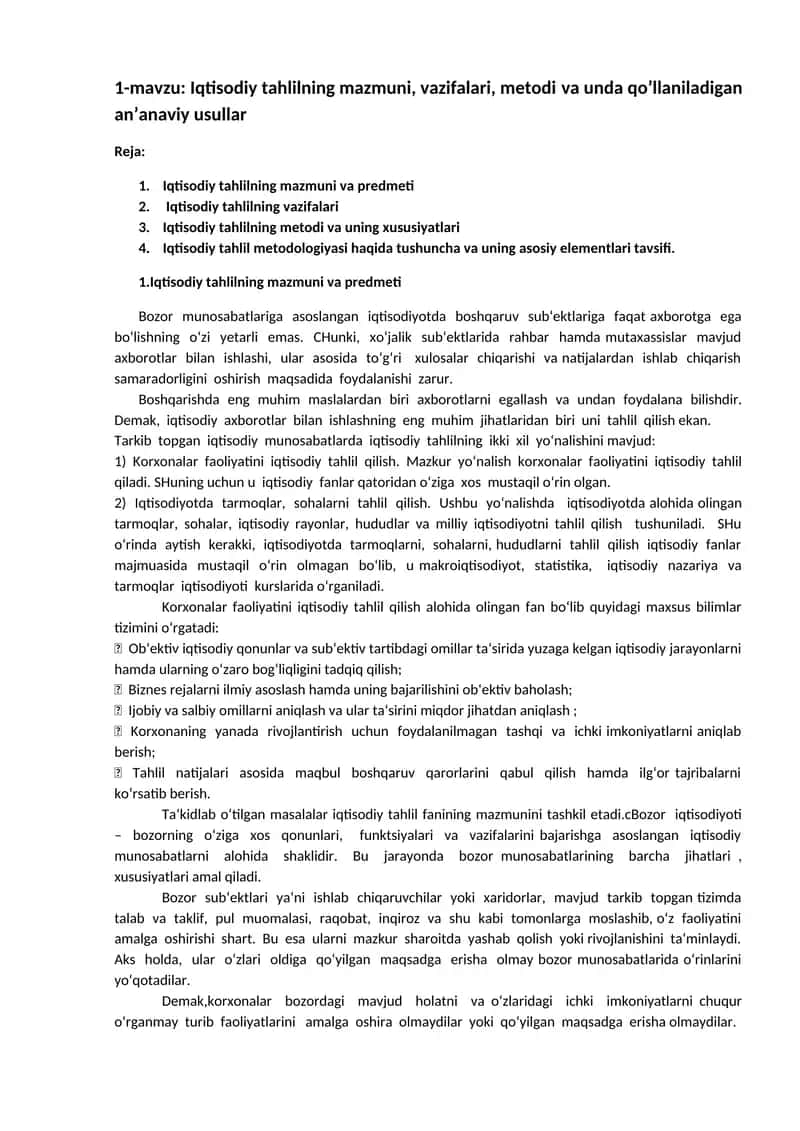 Iqtisodiy tahlilning mazmuni, vazifalari, metodi va unda qo’llaniladigan an’anaviy usullar