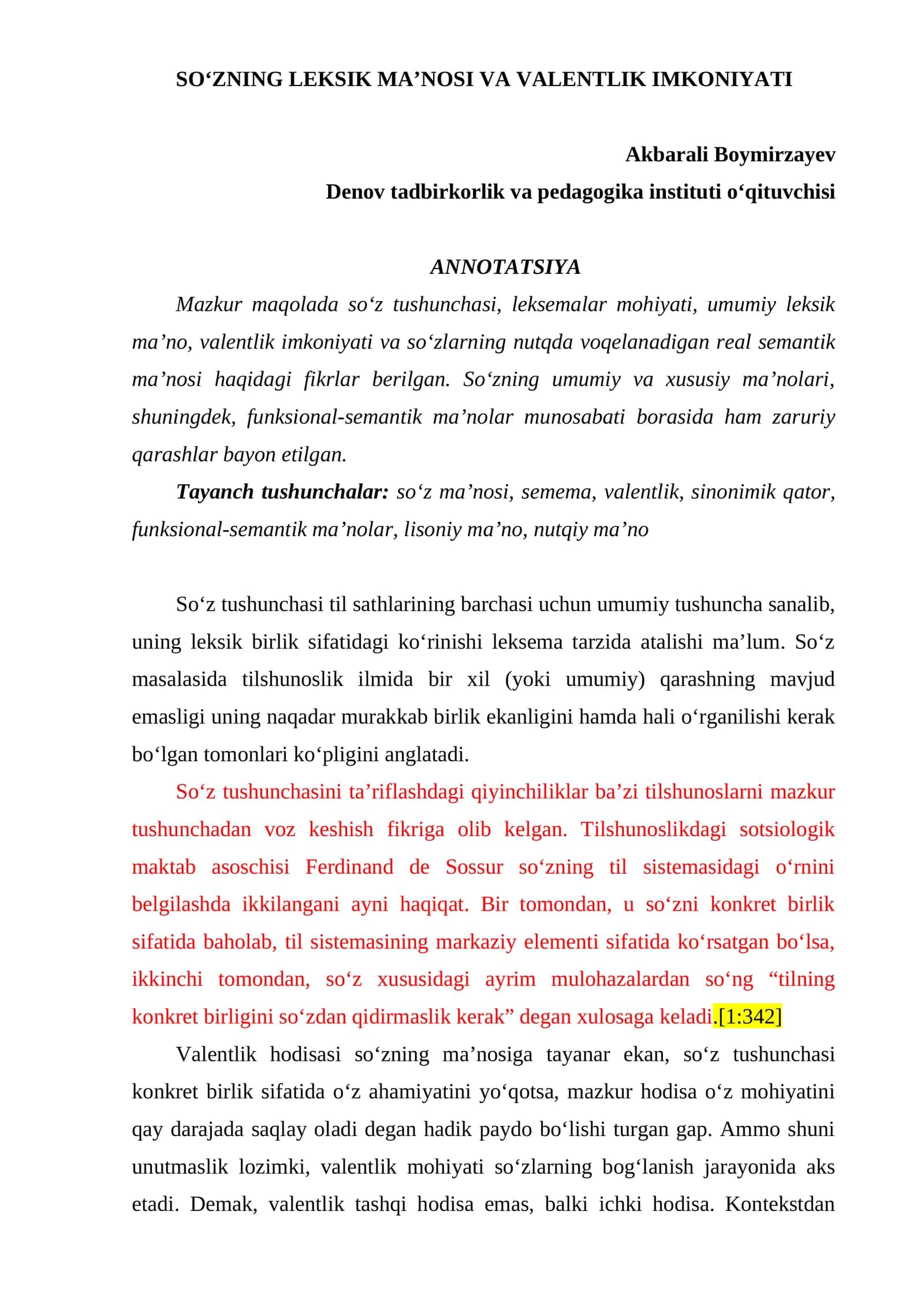 SO‘ZNING LEKSIK MA’NOSI VA VALENTLIK IMKONIYATI