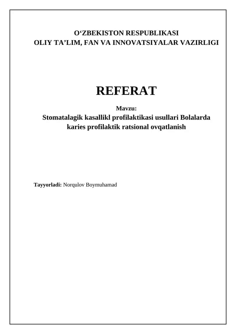 Stomatalagik kasallikl profilaktikasi usullari Bolalarda karies profilaktik ratsional ovqatlanish
