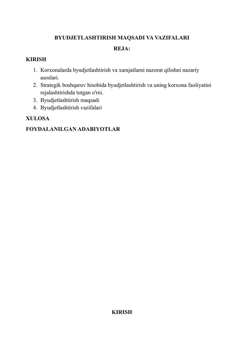 BYUDJETLASHTIRISH MAQSADI VA VAZIFALARI