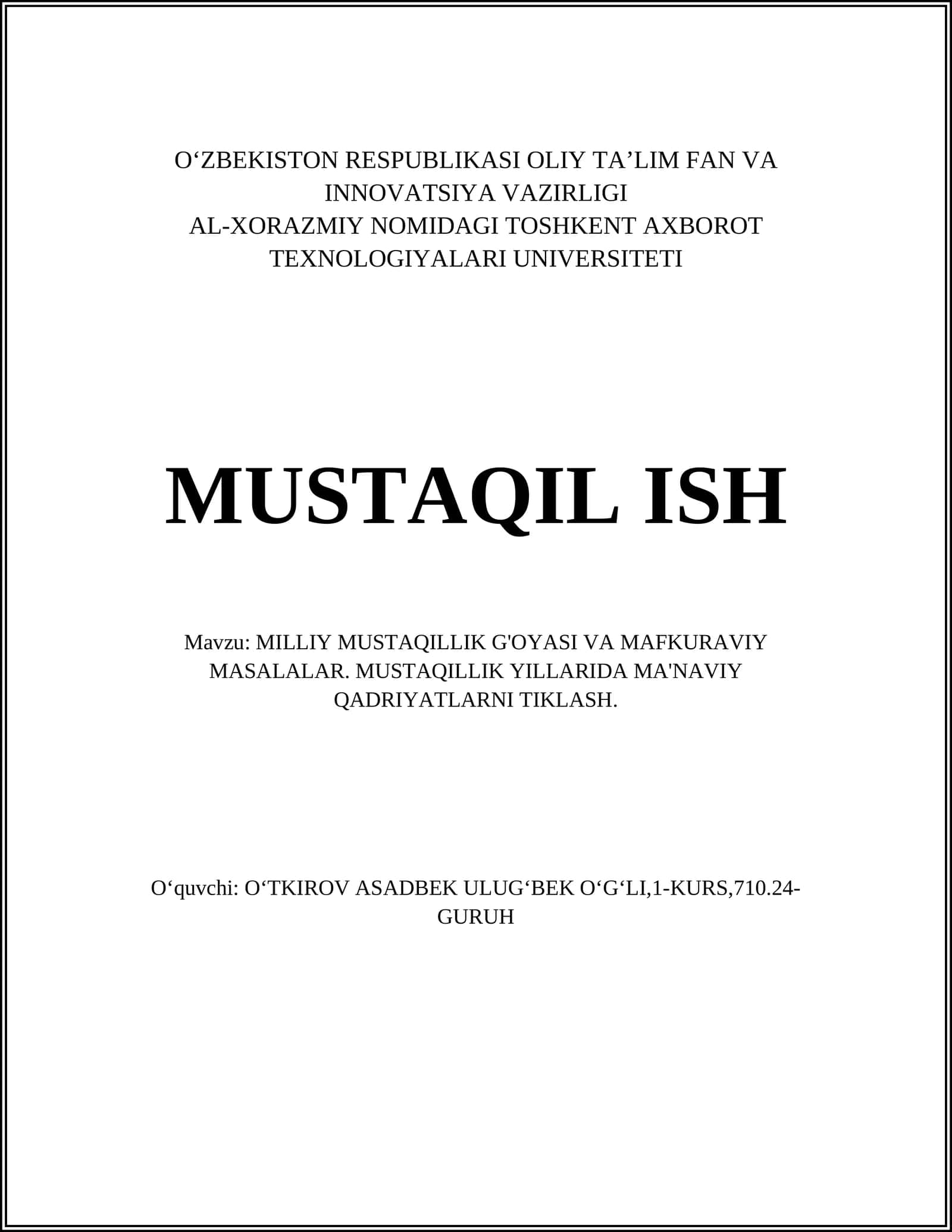MILLIY MUSTAQILLIK G'OYASI VA MAFKURAVIY MASALALAR