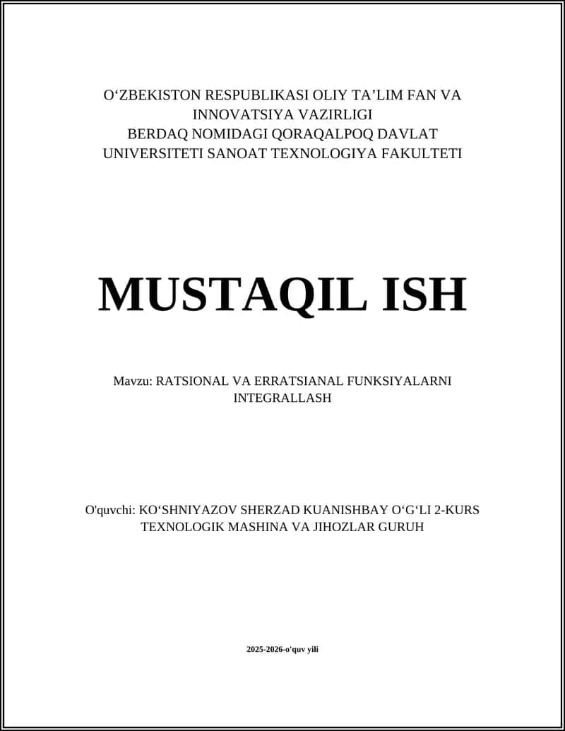 RATSIONAL VA ERRATSIANAL FUNKSIYALARNI INTEGRALLASH