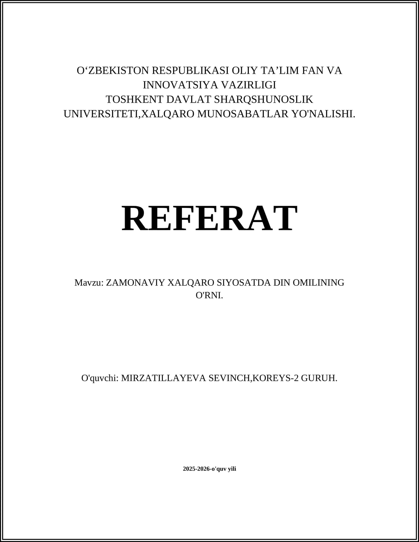 ZAMONAVIY XALQARO SIYOSATDA DIN OMILINING O'RNI