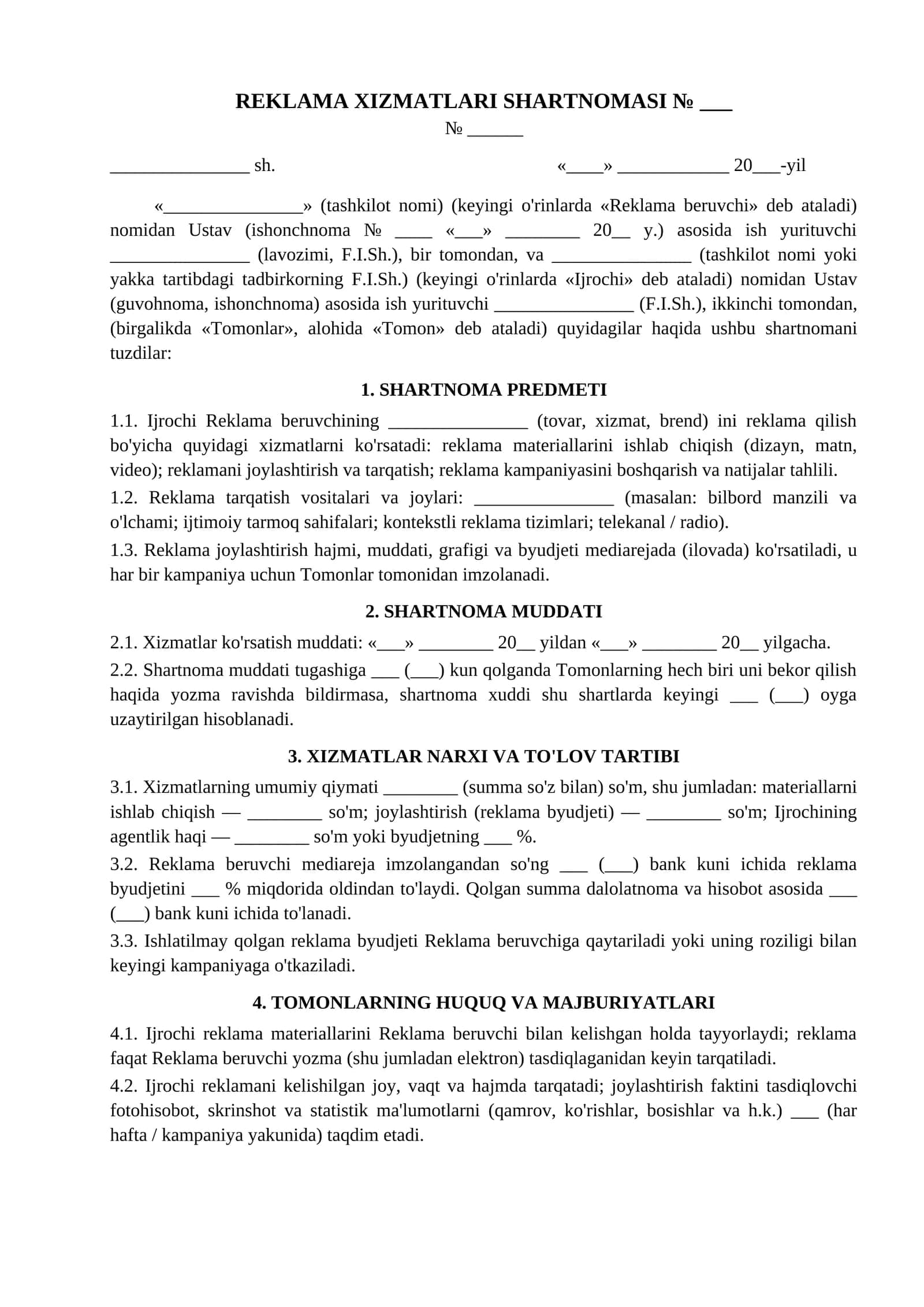 Reklama xizmatlari shartnomasi tashqi internet SMM namunasi