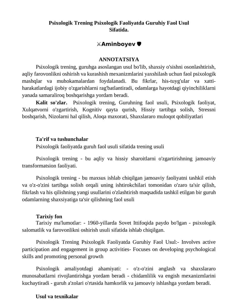Psixologik Trening Psixologik Faoliyatda Guruhiy Faol Usul Sifatida