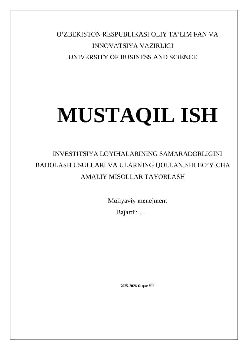 Investitsiya Loyihalarining Samaradorligini Baholash