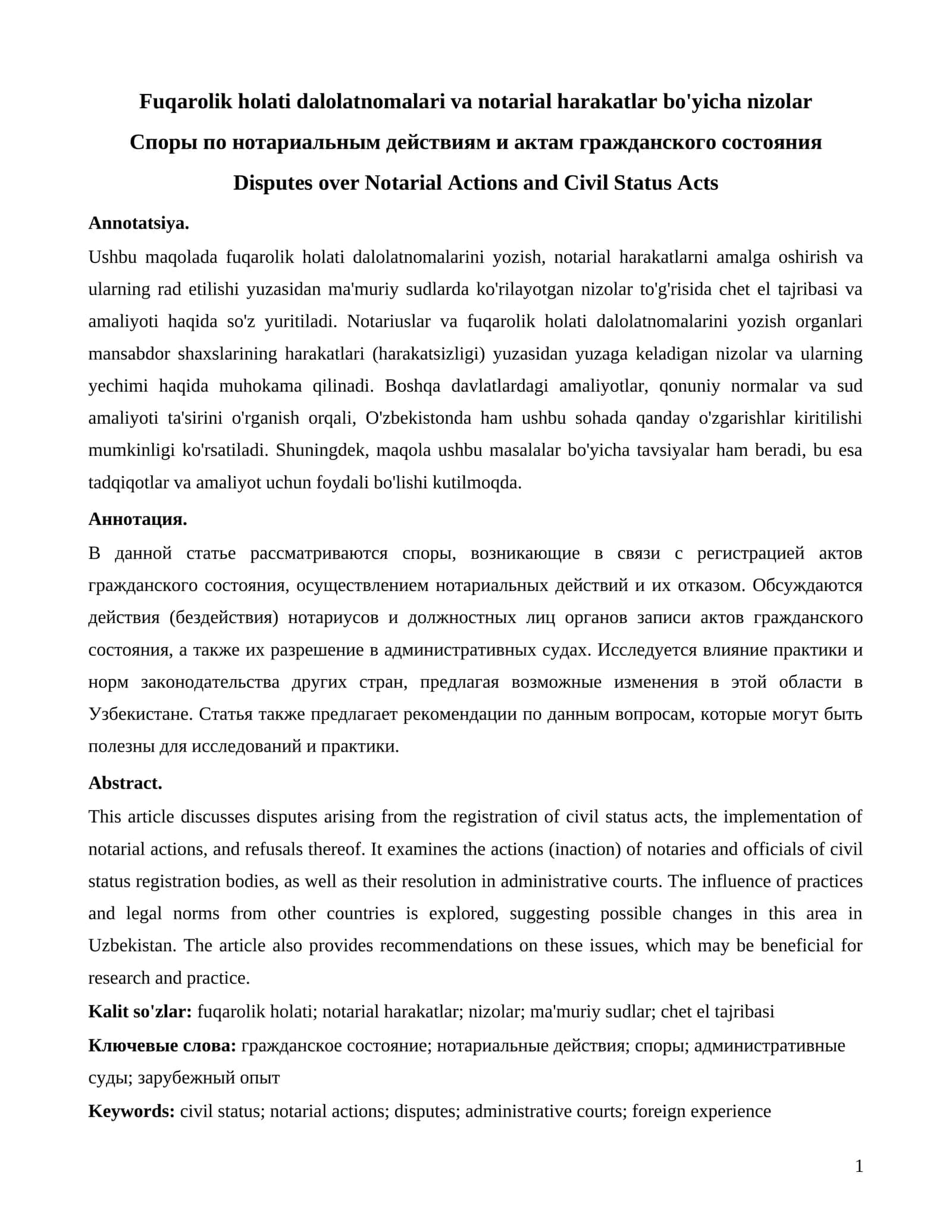 Fuqarolik holati dalolatnomalari va notarial harakatlar bo'yicha nizolar