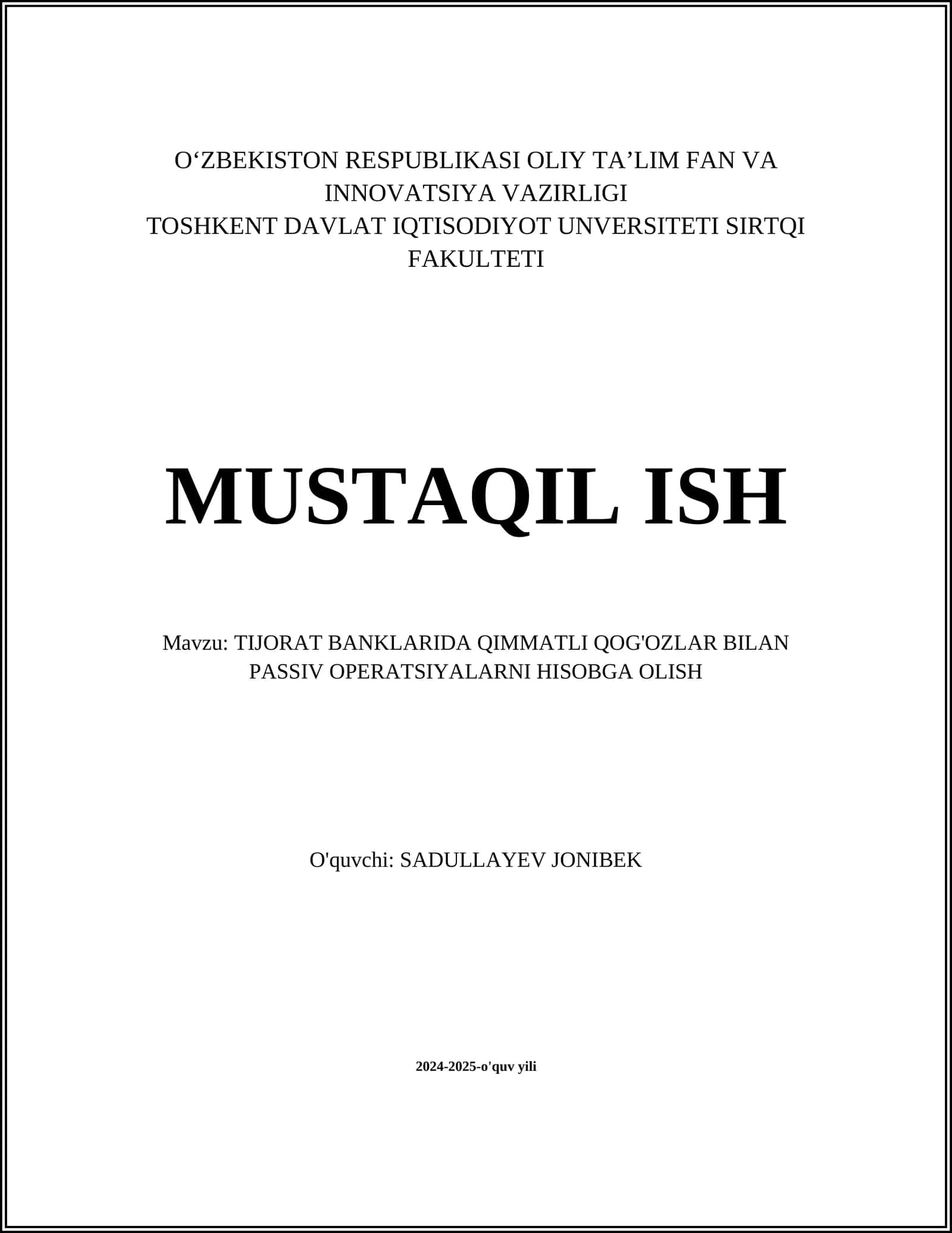 TIJORAT BANKLARIDA QIMMATLI QOG'OZLAR BILAN PASSIV OPERATSIYALARNI HISOBGA OLISH