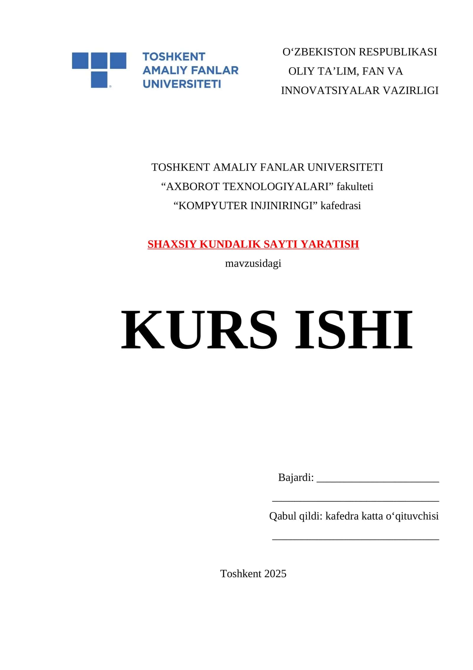 SHAXSIY KUNDALIK SAYTI YARATISH