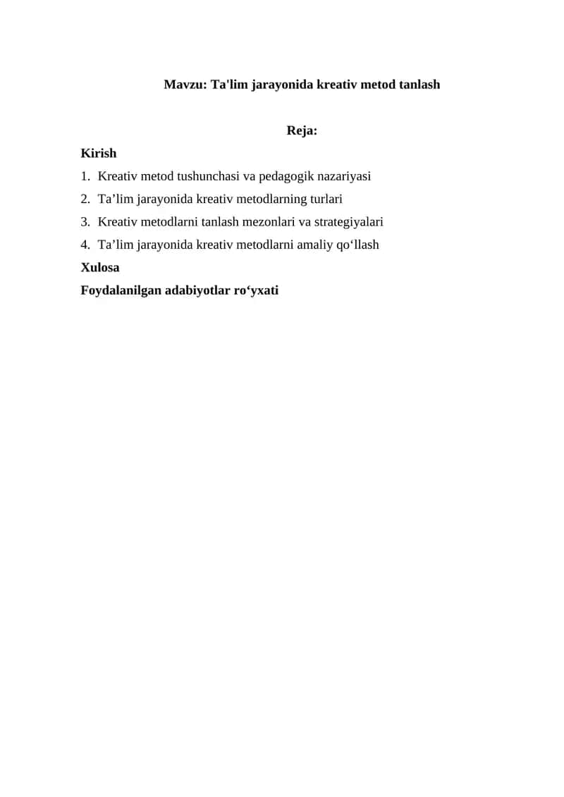 Ta'lim jarayonida kreativ metod tanlash